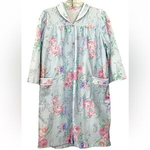 Dusty Blue Floral Snap Front Robe Roses Women's Large w/Pockets